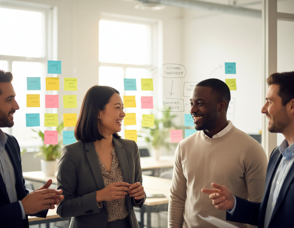 A close-up of a diverse group of professional individuals in a modern office setting, engaged in a brainstorming session. In the foreground, two colleagues—a woman of Asian descent and a man of African descent—are smiling and discussing ideas, both dressed in smart casual business attire. The middle ground features a whiteboard filled with colorful post-it notes and diagrams, symbolizing collaboration and creativity. The background captures a bright, open workspace with large windows letting in natural light and plants for a fresh atmosphere. The scene conveys a sense of teamwork, emotional intelligence, and effective communication, highlighting the importance of soft skills in a professional environment. The image should evoke a warm, encouraging mood, showcasing engagement and connection among team members. A close-up of a diverse group of professional individuals in a modern office setting, engaged in a brainstorming session. In the foreground, two colleagues—a woman of Asian descent and a man of African descent—are smiling and discussing ideas, both dressed in smart casual business attire. The middle ground features a whiteboard filled with colorful post-it notes and diagrams, symbolizing collaboration and creativity. The background captures a bright, open workspace with large windows letting in natural light and plants for a fresh atmosphere. The scene conveys a sense of teamwork, emotional intelligence, and effective communication, highlighting the importance of soft skills in a professional environment. The image should evoke a warm, encouraging mood, showcasing engagement and connection among team members.