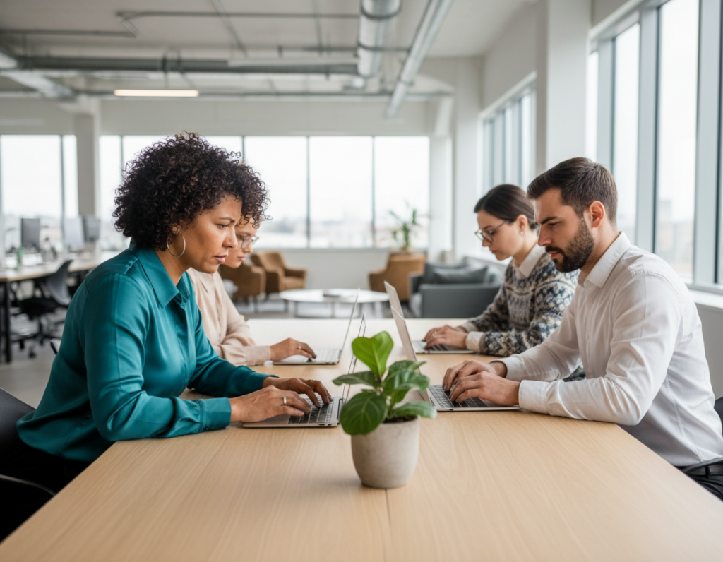 A close-up of a diverse group of professionals, focused on filling out an online job application on their laptops at a modern office table. The foreground features a middle-aged woman in a smart blouse, diligently reviewing her application on a screen, while a young man next to her, dressed in a crisp shirt, double-checks his inputs. In the middle, a potted plant adds a touch of greenery, enhancing the workspace ambiance. The background shows an open office with bright, natural lighting pouring through large windows, illuminating the scene. The atmosphere is one of concentration and determination, highlighting the importance of accuracy and attention to detail in the job application process. The image has a professional, polished look, shot at eye level to create an engaging viewpoint.
