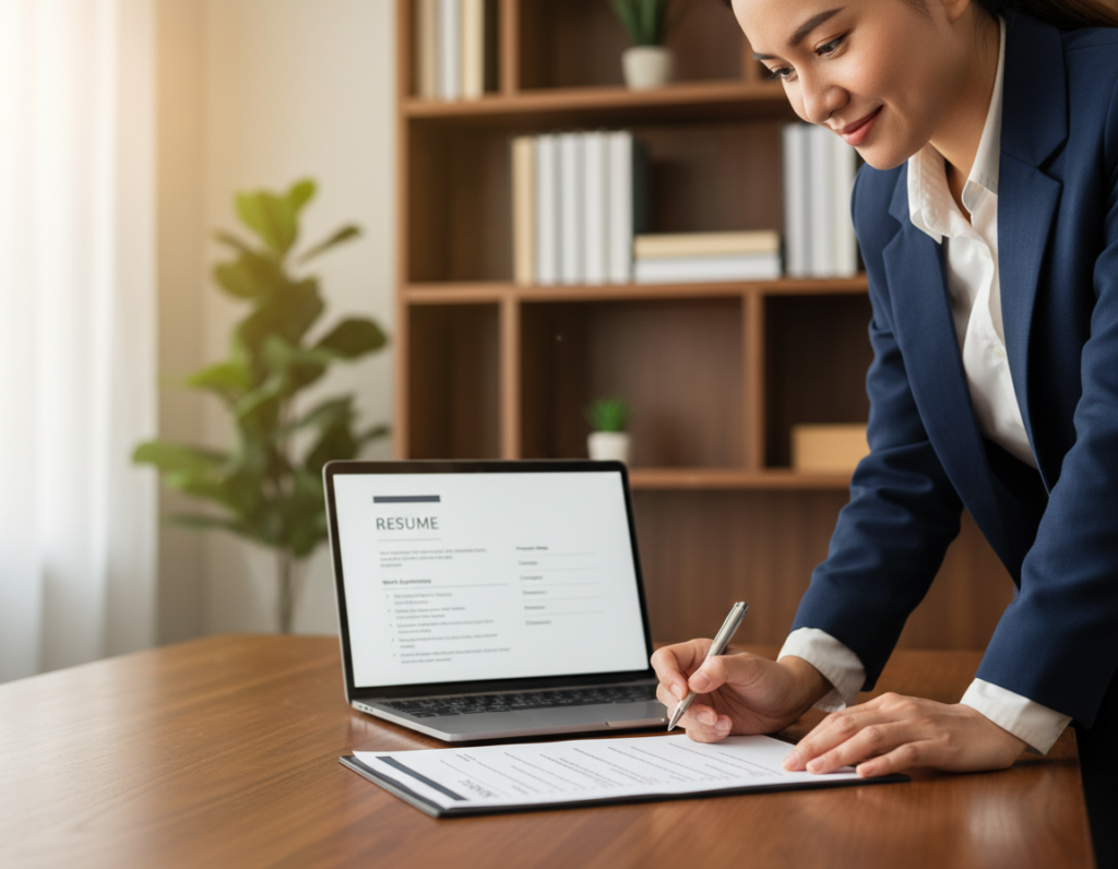 A close-up scene of a professional resume on a wooden desk, featuring a clean layout with bullet points under the heading “Work Experience”. In the foreground, an open laptop displays a matching job application interface, showcasing relevant fields. In the middle, a focused individual in smart business attire is reviewing the resume, with a slight smile, reflecting confidence and professionalism. The background shows a softly blurred office environment, with a bookshelf filled with career-related books and a potted plant, creating a warm and inviting atmosphere. Natural sunlight streams through a window, illuminating the desk, giving a sense of optimism and clarity. The image conveys a mood of preparedness and opportunity, highlighting the importance of clear and impactful work experience presentation.