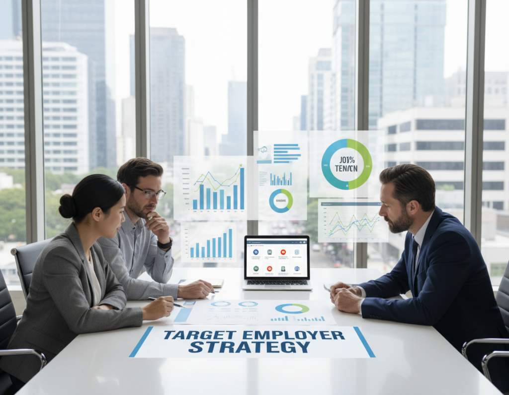 A conceptual image illustrating a "Target Employer Strategy" in a professional setting. In the foreground, a diverse group of three individuals, dressed in smart casual and business attire, are gathered around a modern conference table, reviewing a strategic plan. In the middle ground, charts, graphs, and a laptop displaying a targeted job application strategy are visible, reflecting collaboration and focus. In the background, a bright office environment with large windows allows natural sunlight to illuminate the scene, creating an optimistic and engaged atmosphere. Soft shadows enhance depth, while a blurred cityscape can be seen through the windows, symbolizing the bustling job market outside. The mood is strategic and purposeful, emphasizing the transition from mass applying to a more selective approach. A conceptual image illustrating a "Target Employer Strategy" in a professional setting. In the foreground, a diverse group of three individuals, dressed in smart casual and business attire, are gathered around a modern conference table, reviewing a strategic plan. In the middle ground, charts, graphs, and a laptop displaying a targeted job application strategy are visible, reflecting collaboration and focus. In the background, a bright office environment with large windows allows natural sunlight to illuminate the scene, creating an optimistic and engaged atmosphere. Soft shadows enhance depth, while a blurred cityscape can be seen through the windows, symbolizing the bustling job market outside. The mood is strategic and purposeful, emphasizing the transition from mass applying to a more selective approach.
