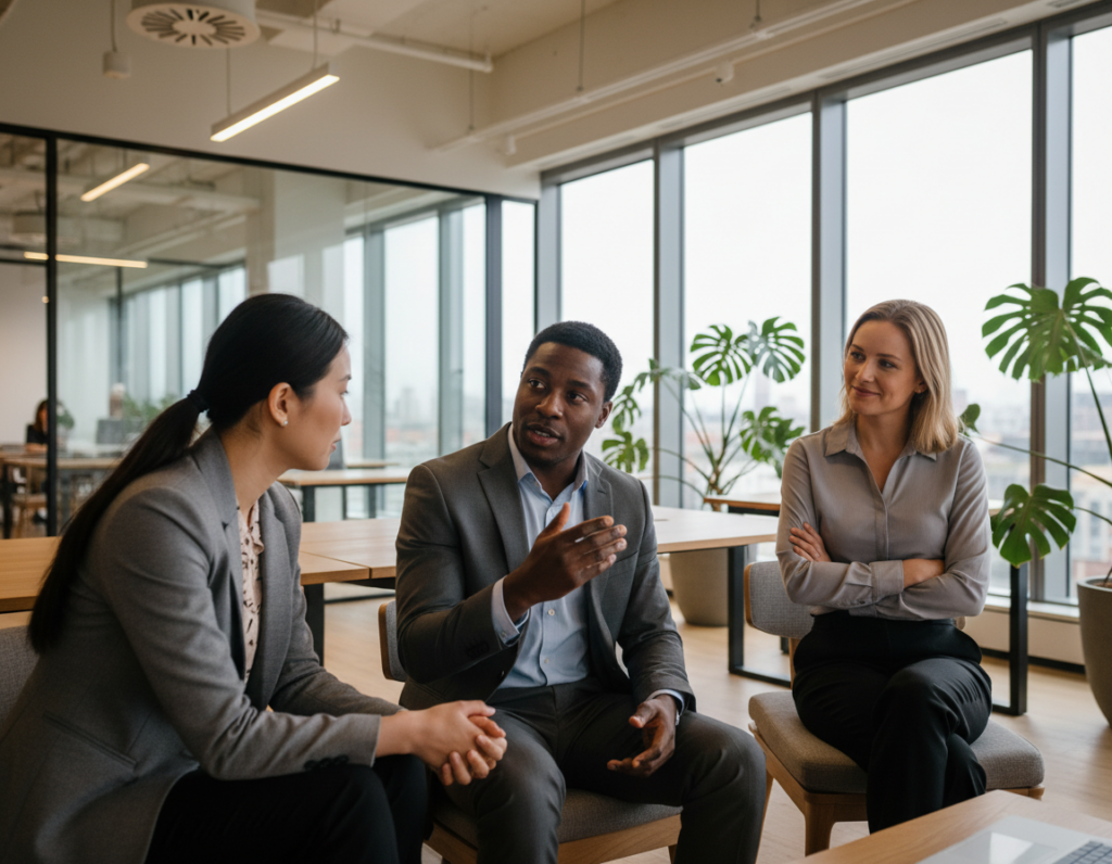 A diverse group of three professionals engaged in active listening in a modern office setting. In the foreground, a woman of Asian descent, wearing smart business attire, leans slightly forward with an attentive expression, her eyes focused on the speaker. In the middle, a Black man gestures thoughtfully while speaking, dressed in a tailored suit, conveying his points passionately. The background includes a bright and contemporary office space with large windows allowing natural light to pour in, highlighting a few green plants and sleek furniture. The atmosphere conveys collaboration and openness, with soft, warm lighting enhancing the sense of engagement. The shot is taken from a slightly elevated angle to capture the dynamics of the conversation and the connection between the individuals. A diverse group of three professionals engaged in active listening in a modern office setting. In the foreground, a woman of Asian descent, wearing smart business attire, leans slightly forward with an attentive expression, her eyes focused on the speaker. In the middle, a Black man gestures thoughtfully while speaking, dressed in a tailored suit, conveying his points passionately. The background includes a bright and contemporary office space with large windows allowing natural light to pour in, highlighting a few green plants and sleek furniture. The atmosphere conveys collaboration and openness, with soft, warm lighting enhancing the sense of engagement. The shot is taken from a slightly elevated angle to capture the dynamics of the conversation and the connection between the individuals.
