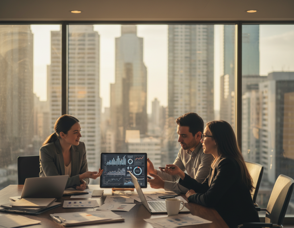 A dynamic office environment showcasing execution management skills. In the foreground, a diverse group of three business professionals in smart attire, engaged in a spirited discussion over a digital tablet, analyzing graphs and metrics. The middle layer features a sleek conference table cluttered with laptops, paperwork, and a coffee cup, emphasizing productivity and collaboration. In the background, large glass windows reveal a city skyline, bathed in warm, natural sunlight to create an uplifting atmosphere. The scene captures the energy of teamwork and innovation, showcasing the importance of execution skills in various roles. Soft focus on the background enhances the depth, while overhead lighting highlights the subjects at the table, creating a professional yet inviting mood. A dynamic office environment showcasing execution management skills. In the foreground, a diverse group of three business professionals in smart attire, engaged in a spirited discussion over a digital tablet, analyzing graphs and metrics. The middle layer features a sleek conference table cluttered with laptops, paperwork, and a coffee cup, emphasizing productivity and collaboration. In the background, large glass windows reveal a city skyline, bathed in warm, natural sunlight to create an uplifting atmosphere. The scene captures the energy of teamwork and innovation, showcasing the importance of execution skills in various roles. Soft focus on the background enhances the depth, while overhead lighting highlights the subjects at the table, creating a professional yet inviting mood.