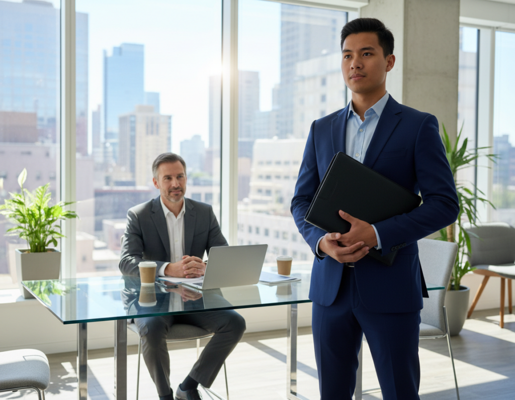 A professional job interview scene in a modern office setting. Foreground: a sharply dressed candidate, a young adult of diverse ethnicity, standing nervously with a confident posture, neatly holding a portfolio. Middle: a hiring manager, a middle-aged Caucasian male, seated at a sleek conference table, observing the candidate with a keen yet approachable expression. Background: large windows showcasing a bright cityscape, with contemporary office decor and plants creating a welcoming atmosphere. Soft natural lighting streams in, enhancing the professional vibe. Shot from a slightly low angle to emphasize the importance of the moment, conveying a sense of anticipation and focus.