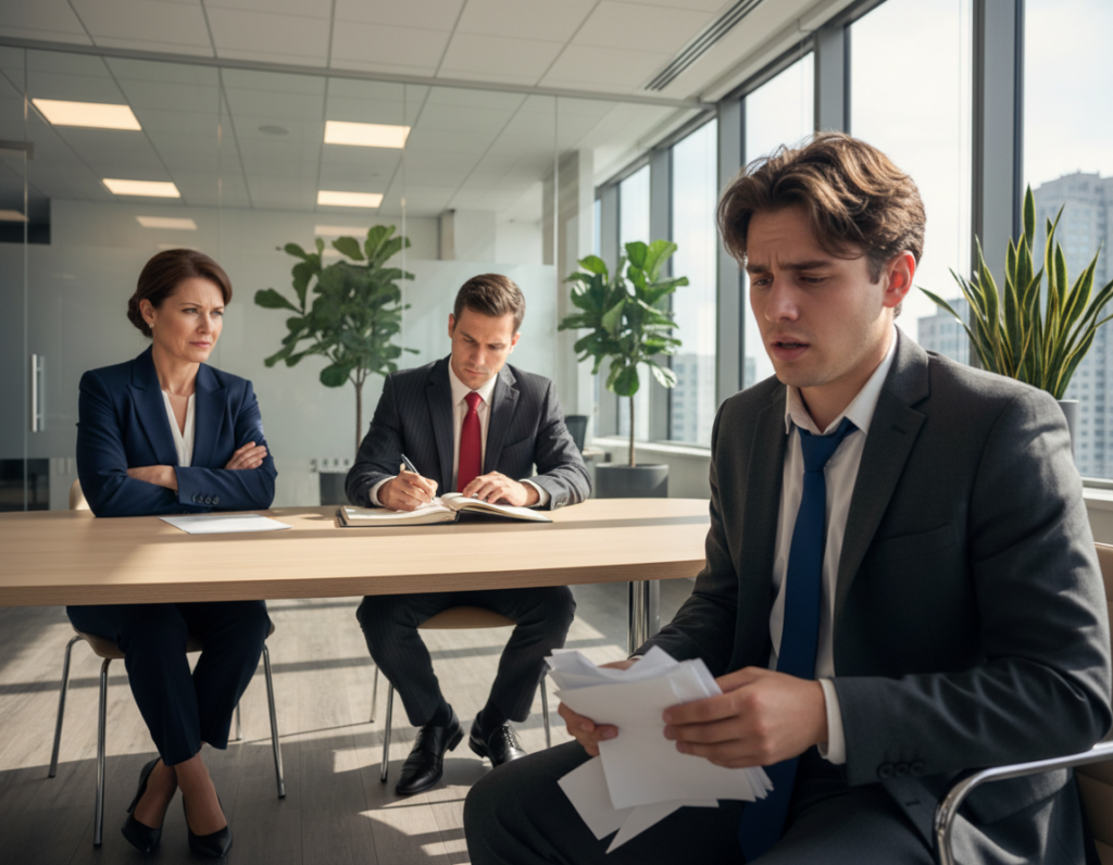 A professional job interview scene set in a modern office environment. In the foreground, a visibly anxious candidate in professional business attire fumbles with their notes, showing signs of nervousness. The middle ground features an interview panel consisting of two interviewers, one looking skeptical while the other takes notes, both dressed in sharp business suits. The background reveals an elegant office space with glass walls, potted plants, and soft ambient lighting creating a serious but not intimidating atmosphere. A large window allows natural light to filter in, casting gentle shadows. The overall mood conveys tension and the stakes of making a good impression, highlighting common interview mistakes that could cost the candidate the job. A professional job interview scene set in a modern office environment. In the foreground, a visibly anxious candidate in professional business attire fumbles with their notes, showing signs of nervousness. The middle ground features an interview panel consisting of two interviewers, one looking skeptical while the other takes notes, both dressed in sharp business suits. The background reveals an elegant office space with glass walls, potted plants, and soft ambient lighting creating a serious but not intimidating atmosphere. A large window allows natural light to filter in, casting gentle shadows. The overall mood conveys tension and the stakes of making a good impression, highlighting common interview mistakes that could cost the candidate the job.