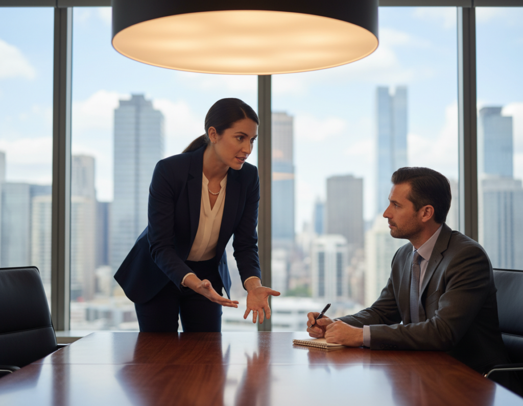 A professional office setting serves as the backdrop, showcasing a negotiation scene between two individuals seated at a sleek conference table. In the foreground, a woman in a tailored navy suit is leaning forward, emphasizing her points, while across from her, a man in a smart gray suit listens attentively, holding a pen and notepad, indicating he is taking notes. The middle ground features a polished wooden table, reflecting a soft overhead light that creates a warm, focused atmosphere. In the background, a modern office window reveals a city skyline, hinting at a bustling work environment. The overall mood is serious yet constructive, reflecting the tension and importance of salary negotiations. The image is brightly lit with a slight depth of field to emphasize the subjects. A professional office setting serves as the backdrop, showcasing a negotiation scene between two individuals seated at a sleek conference table. In the foreground, a woman in a tailored navy suit is leaning forward, emphasizing her points, while across from her, a man in a smart gray suit listens attentively, holding a pen and notepad, indicating he is taking notes. The middle ground features a polished wooden table, reflecting a soft overhead light that creates a warm, focused atmosphere. In the background, a modern office window reveals a city skyline, hinting at a bustling work environment. The overall mood is serious yet constructive, reflecting the tension and importance of salary negotiations. The image is brightly lit with a slight depth of field to emphasize the subjects.