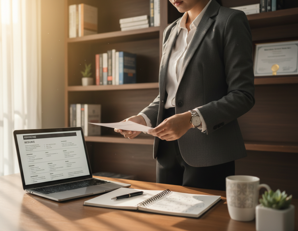 A professional workspace featuring a clean, organized desk with a laptop open to a detailed resume and a notepad with notes. In the foreground, a confident individual in formal business attire reviews the documents, conveying a sense of purpose and readiness. The middle ground showcases soft-focus elements like a potted plant and a coffee mug, enhancing the professional atmosphere. The background includes a slightly blurred bookshelf filled with business books and a certificate on the wall, symbolizing achievement and expertise. Natural light streams in through a window, casting a warm glow over the scene, promoting a welcoming and productive mood. The composition should focus on professionalism and dedication, encouraging viewers to envision a successful work experience. A professional workspace featuring a clean, organized desk with a laptop open to a detailed resume and a notepad with notes. In the foreground, a confident individual in formal business attire reviews the documents, conveying a sense of purpose and readiness. The middle ground showcases soft-focus elements like a potted plant and a coffee mug, enhancing the professional atmosphere. The background includes a slightly blurred bookshelf filled with business books and a certificate on the wall, symbolizing achievement and expertise. Natural light streams in through a window, casting a warm glow over the scene, promoting a welcoming and productive mood. The composition should focus on professionalism and dedication, encouraging viewers to envision a successful work experience.