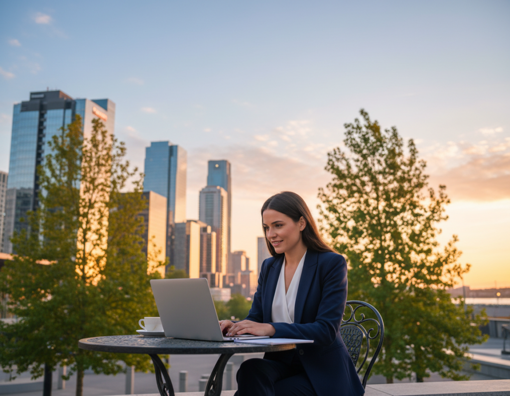 A serene morning scene showcasing the first light of dawn breaking over a modern city skyline. In the foreground, a professional woman in business attire is seated at an outdoor café table, eagerly reviewing job applications on her laptop. The middle ground features lush green trees gently swaying in the morning breeze, while the soft glow of sunrise illuminates the buildings behind her. The background displays a vibrant sky painted in hues of orange and soft pink, contrasting with the crisp, clear blue of the day. The atmosphere is calm and hopeful, symbolizing new opportunities and the ideal moment to make a strong first impression in the job market. The lighting is soft and natural, creating a warm and inviting mood, captured from a slightly elevated angle to emphasize the woman's focused expression. A serene morning scene showcasing the first light of dawn breaking over a modern city skyline. In the foreground, a professional woman in business attire is seated at an outdoor café table, eagerly reviewing job applications on her laptop. The middle ground features lush green trees gently swaying in the morning breeze, while the soft glow of sunrise illuminates the buildings behind her. The background displays a vibrant sky painted in hues of orange and soft pink, contrasting with the crisp, clear blue of the day. The atmosphere is calm and hopeful, symbolizing new opportunities and the ideal moment to make a strong first impression in the job market. The lighting is soft and natural, creating a warm and inviting mood, captured from a slightly elevated angle to emphasize the woman's focused expression.