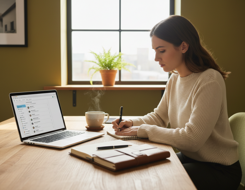 A serene office scene focused on productivity. In the foreground, a neatly organized wooden desk, featuring a laptop with an open task management application, a cup of coffee, and a stylish planner with a pen resting on top. In the middle ground, a professional woman in smart casual attire is deeply engrossed in thought, jotting down ideas on a notepad. She has an expression of clarity and determination. In the background, a large window lets in soft, natural light, illuminating a lush green plant on a shelf. The atmosphere is calm and focused, conveying a sense of control and efficiency. The image is captured in a warm color palette, using a shallow depth of field to emphasize the subject while maintaining a peaceful ambiance.