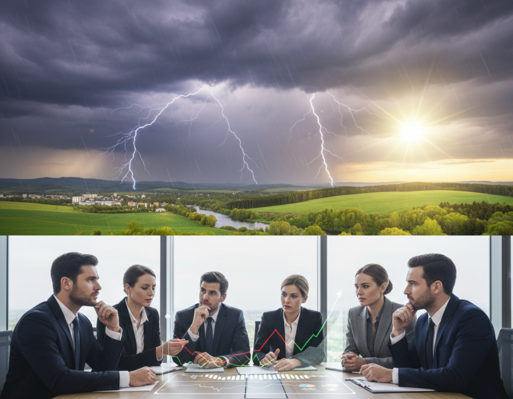 A split-image composition illustrating contrasting themes of market and economic headwinds and opportunities. In the foreground, a diverse group of professionals in business attire, appearing contemplative yet proactive, gather around a table filled with charts and graphs reflecting market trends. The middle section portrays a turbulent stormy sky, symbolizing challenges, with dark clouds and lightning indicating economic headwinds. In stark contrast, bright rays of sunlight break through the clouds, illuminating lush green landscapes of growth and potential in the background. The overall mood conveys a sense of urgency mixed with resilience and hope, capturing the dual nature of opportunities amidst struggles. Use dramatic lighting with a slight lens flare to emphasize the contrast between struggle and potential.