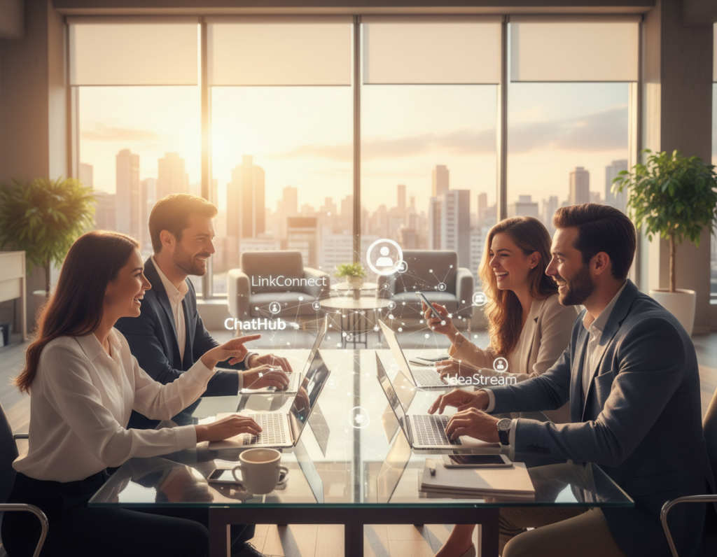 A vibrant and engaging scene depicting the concept of social media networking. In the foreground, a diverse group of young professionals, both men and women in smart business attire, collaborating over laptops and digital devices, smiling and discussing ideas. In the middle ground, various social media platform icons subtly integrated into the design, symbolizing connectivity and online presence. The background features a modern office space with a large window showing a cityscape, bathed in warm afternoon light that creates a welcoming atmosphere. The image captures a dynamic and optimistic mood, suggesting collaboration and opportunity in a digital world. Emphasize a bright, clean aesthetic with balanced lighting, showcasing both technology and human interaction harmoniously. A vibrant and engaging scene depicting the concept of social media networking. In the foreground, a diverse group of young professionals, both men and women in smart business attire, collaborating over laptops and digital devices, smiling and discussing ideas. In the middle ground, various social media platform icons subtly integrated into the design, symbolizing connectivity and online presence. The background features a modern office space with a large window showing a cityscape, bathed in warm afternoon light that creates a welcoming atmosphere. The image captures a dynamic and optimistic mood, suggesting collaboration and opportunity in a digital world. Emphasize a bright, clean aesthetic with balanced lighting, showcasing both technology and human interaction harmoniously.