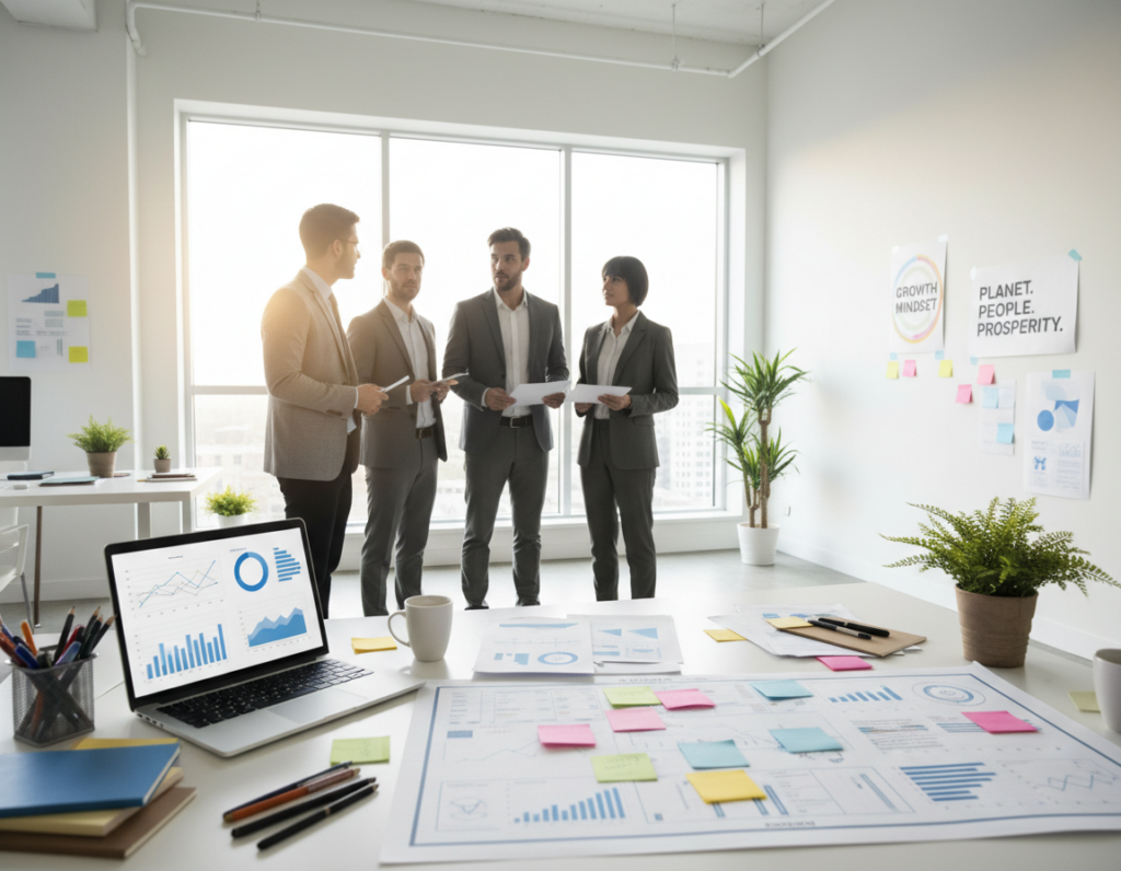 A visually striking workspace that captures the essence of planning for sustainable career success. In the foreground, a large, detailed planning board filled with colorful sticky notes representing milestones, resources, and deadlines. An open laptop displays charts and graphs, alongside a neatly arranged stationery set—pens, notepads, and a coffee cup. In the middle ground, a diverse group of professionals in business attire discuss strategies, pointing at the planning board, with expressions of focus and collaboration. In the background, a bright, modern office space filled with natural light streaming through large windows, plants for a touch of nature, and motivational posters on the walls. The atmosphere is energetic yet organized, conveying a sense of purpose and ambition, with a warm lighting that highlights teamwork and creativity.