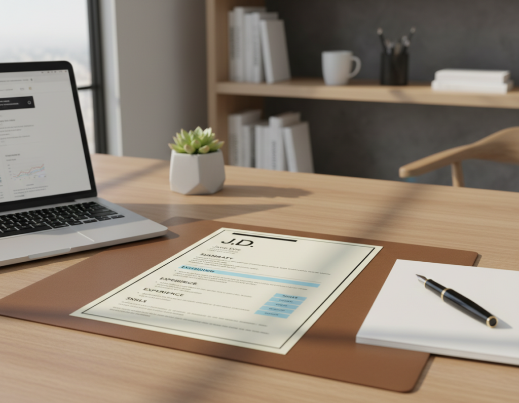 A well-organized and visually appealing resume on a sleek wooden desk, showcasing a mix of traditional and modern design elements. In the foreground, the resume features clear headings, bullet points, and highlighted sections that emphasize skills and experience. The middle layer includes a stylish laptop open beside the resume, with a minimalist notepad and a fountain pen, suggesting a professional work environment. In the background, a soft-focus office setting displays shelves with books and a potted plant, creating a calm and modern atmosphere. Natural light streams in from a nearby window, casting soft shadows, enhancing the feeling of professionalism and clarity. The scene promotes an inspiring mood, perfect for candidates tailoring their applications for ATS and human readers. A well-organized and visually appealing resume on a sleek wooden desk, showcasing a mix of traditional and modern design elements. In the foreground, the resume features clear headings, bullet points, and highlighted sections that emphasize skills and experience. The middle layer includes a stylish laptop open beside the resume, with a minimalist notepad and a fountain pen, suggesting a professional work environment. In the background, a soft-focus office setting displays shelves with books and a potted plant, creating a calm and modern atmosphere. Natural light streams in from a nearby window, casting soft shadows, enhancing the feeling of professionalism and clarity. The scene promotes an inspiring mood, perfect for candidates tailoring their applications for ATS and human readers.