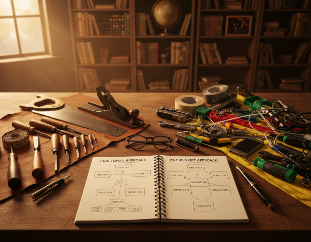 A meticulously arranged workspace showcasing a side-by-side comparison of two distinct tool selection frameworks: the Craftsman Approach and the Any-Benefit Approach. In the foreground, highlight a wooden workbench with an array of high-quality tools like chisels, saws, and measuring tapes on one side, representing the Craftsman Approach, emphasizing quality and mastery. On the opposite side, display a collection of assorted tools, gadgets, and quick-fix items illustrating the Any-Benefit Approach. The middle ground features an open notebook with sketches of both frameworks. In the background, a softly lit room with organized shelves filled with books and tools creates a professional and inspiring atmosphere. Use warm lighting to enhance the mood of productivity and focus, capturing the essence of a thoughtfully structured environment for high-cognitive performance.