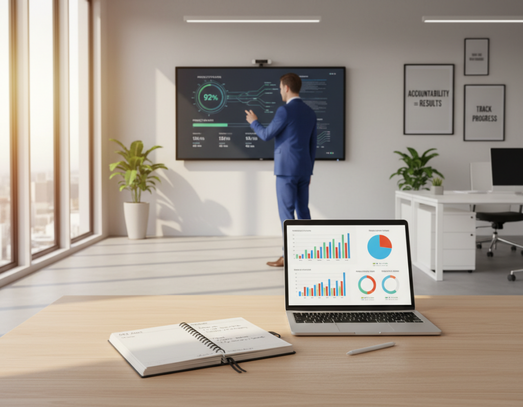A modern office environment depicting the concept of measurement productivity. In the foreground, a sleek desk with a laptop displaying colorful graphs and productivity metrics. Next to the laptop, an open planner with neatly written goals and daily tasks. In the middle ground, a professional individual in business attire is analyzing data on a large touchscreen monitor featuring interactive charts and performance indicators. The background reveals a bright, well-organized workspace with plants and motivational posters promoting accountability. Soft, natural light streams through large windows, creating an inviting atmosphere. Use a slightly elevated angle to capture the interaction between the person and the digital displays, enhancing the focus on productivity tracking. The mood is focused and inspiring, emphasizing the importance of measuring results in a professional setting.