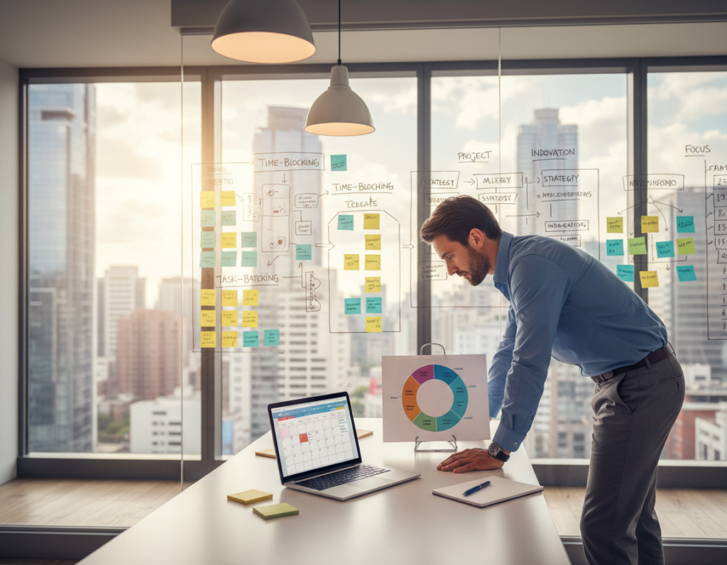 A modern office setting with a well-organized workspace featuring a sleek desk, a laptop open to a digital calendar, and colorful sticky notes illustrating time-blocking and task-batching strategies. In the foreground, a professional in business attire is intently reviewing a time management chart, emphasizing efficiency and productivity. The middle ground includes a whiteboard filled with flowcharts and ideas, while the background shows a large window displaying a cityscape, allowing natural light to fill the room. The atmosphere conveys focus and collaboration, with warm lighting creating an inviting ambiance. The composition should be dynamic, highlighting the fusion of innovative scheduling techniques in action, promoting a sense of balance and organization.