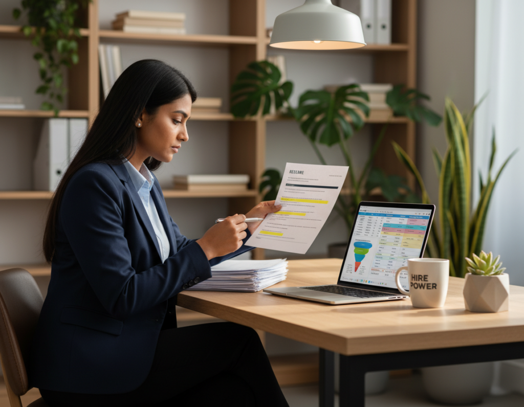 A modern office workspace featuring a professional recruiter seated at a sleek desk, meticulously reviewing a stack of resumes. In the foreground, the recruiter, a South Asian woman in smart business attire, is intently examining a highlighted resume, with a focused expression. The middle ground includes an open laptop displaying a spreadsheet with applicant metrics and notes, indicating the analytical nature of the screening process. The background reveals a softly lit office environment with bookshelves and potted plants, creating a warm yet professional atmosphere. The lighting is bright but soft, emanating from an overhead lamp, casting gentle shadows that enhance the depth of the scene. The overall mood conveys diligence and professionalism, emphasizing the importance of careful evaluation in the hiring process. A modern office workspace featuring a professional recruiter seated at a sleek desk, meticulously reviewing a stack of resumes. In the foreground, the recruiter, a South Asian woman in smart business attire, is intently examining a highlighted resume, with a focused expression. The middle ground includes an open laptop displaying a spreadsheet with applicant metrics and notes, indicating the analytical nature of the screening process. The background reveals a softly lit office environment with bookshelves and potted plants, creating a warm yet professional atmosphere. The lighting is bright but soft, emanating from an overhead lamp, casting gentle shadows that enhance the depth of the scene. The overall mood conveys diligence and professionalism, emphasizing the importance of careful evaluation in the hiring process.