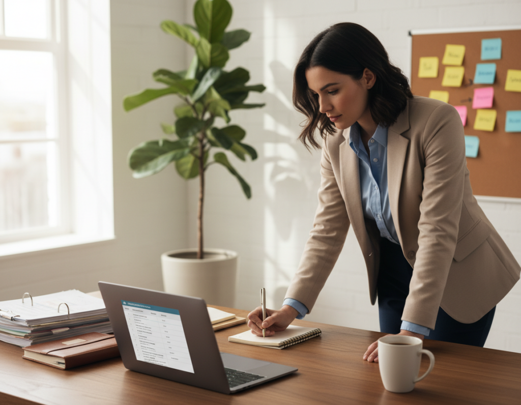 A modern workspace with a job tracker application displayed on a sleek laptop screen in the foreground. The laptop is surrounded by organized documents, a planner, and a cup of coffee. In the middle ground, a well-dressed professional, wearing business casual attire, is intently focused on the screen, taking notes on a notepad. The background features a bright, well-lit room with a potted plant and a bulletin board filled with colorful sticky notes, indicating a personalized job search system. Soft natural lighting filters through a window, creating a productive atmosphere. The angle captures the workspace from slightly above, emphasizing the dynamics of the scene, with a sense of motivation and organization permeating the image.
