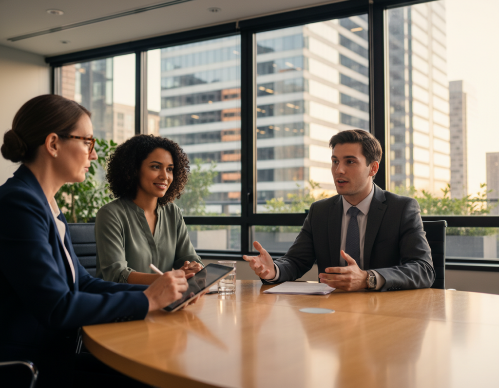 A professional setting for a behavioral interview, showcasing a diverse group of three individuals seated around a modern conference table. In the foreground, a well-dressed interviewer, a middle-aged woman with glasses, takes notes on a sleek tablet, her expression focused and engaged. In the middle, a young man wearing a tailored suit explains his structured storytelling approach, his hands gesturing to emphasize his points. In the background, a window reveals a cityscape bathed in warm natural light, with a hint of greenery outside. The atmosphere is serious yet inviting, reflecting a mood of professionalism and collaboration. Soft lighting enhances the scene, creating an environment conducive to meaningful dialogue. Capture the moment from a slightly elevated angle to convey depth and context.