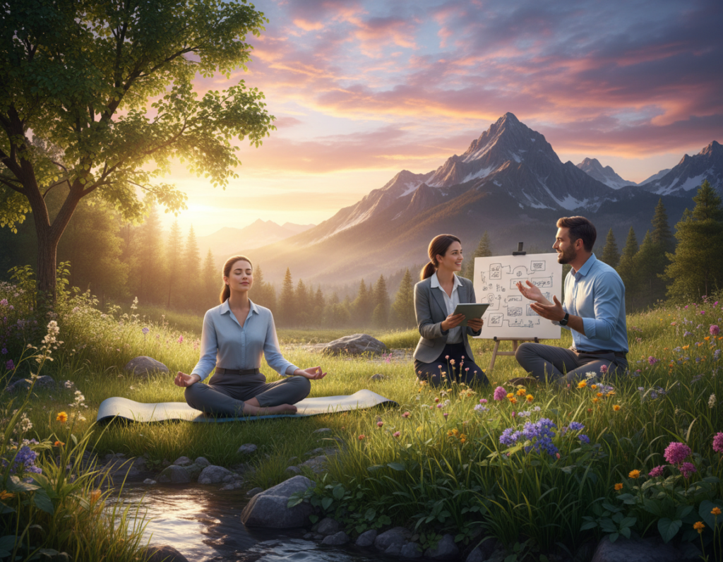 A serene outdoor scene depicting a diverse group of professionals engaged in various activities that symbolize building resilience. In the foreground, a young woman in smart casual attire practices mindfulness through meditation, surrounded by nature. In the middle ground, two colleagues are collaborating, one sketching ideas on a notepad, while the other gestures animatedly, showcasing effective communication. In the background, a majestic mountain landscape under a vibrant sunrise symbolizes strength and growth, with soft morning light casting a warm glow over the scene. The atmosphere feels uplifting and empowering, reflecting a sense of calm determination and support. The overall composition should evoke feelings of hope and motivation, capturing the essence of preparing for challenges ahead. A serene outdoor scene depicting a diverse group of professionals engaged in various activities that symbolize building resilience. In the foreground, a young woman in smart casual attire practices mindfulness through meditation, surrounded by nature. In the middle ground, two colleagues are collaborating, one sketching ideas on a notepad, while the other gestures animatedly, showcasing effective communication. In the background, a majestic mountain landscape under a vibrant sunrise symbolizes strength and growth, with soft morning light casting a warm glow over the scene. The atmosphere feels uplifting and empowering, reflecting a sense of calm determination and support. The overall composition should evoke feelings of hope and motivation, capturing the essence of preparing for challenges ahead.