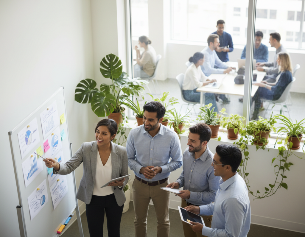A vibrant and inspiring office environment showcasing the concept of a growth mindset. In the foreground, a diverse group of four professionals in smart casual attire, engaged in a brainstorming session, with a whiteboard filled with colorful sticky notes and diagrams. Their expressions radiate motivation and collaboration. In the middle, a large window allows natural sunlight to flood the space, illuminating green plants that symbolize growth and resilience. The background features a soft blur of a bustling coworking space, with teams in discussions, representing a competitive yet supportive atmosphere. The overall mood is uplifting and dynamic, conveying energy and purpose, while the lighting is warm and inviting, emphasizing positivity and motivation. The angle captures a slightly elevated viewpoint, adding depth to the scene. A vibrant and inspiring office environment showcasing the concept of a growth mindset. In the foreground, a diverse group of four professionals in smart casual attire, engaged in a brainstorming session, with a whiteboard filled with colorful sticky notes and diagrams. Their expressions radiate motivation and collaboration. In the middle, a large window allows natural sunlight to flood the space, illuminating green plants that symbolize growth and resilience. The background features a soft blur of a bustling coworking space, with teams in discussions, representing a competitive yet supportive atmosphere. The overall mood is uplifting and dynamic, conveying energy and purpose, while the lighting is warm and inviting, emphasizing positivity and motivation. The angle captures a slightly elevated viewpoint, adding depth to the scene.