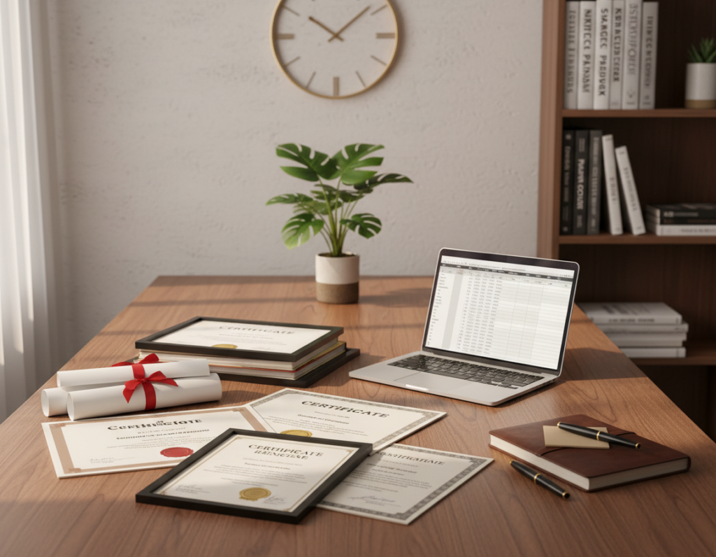 A visually appealing workspace featuring an elegantly set desk displaying a collection of education credentials, licenses, and certifications. In the foreground, a neatly stacked pile of diplomas and framed certificates lies next to a modern laptop, with a stylish pen and notebook. The middle ground includes a lush plant adding a touch of greenery, while an elegant clock hangs on the wall behind. Soft, warm lighting creates an inviting atmosphere, casting gentle shadows. The background presents a blurred bookshelf filled with professional development books, conveying a sense of continuous learning. The scene evokes ambition and professionalism, emphasizing career growth and strategic opportunities in a high-quality, realistic style, captured from a slightly overhead angle to create depth.