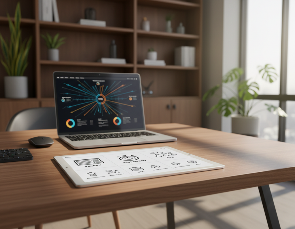A visually engaging comparative table of popular productivity systems, displayed on a sleek, modern desk. In the foreground, a minimalist table with a clean layout featuring symbols and icons representing various productivity methodologies, such as Kanban, Pomodoro, and GTD. The middle ground shows a laptop with a vibrant screen, actively displaying a colorful infographic of productivity graphs and metrics. The background is softly blurred with a well-lit, professional office environment, plants, and bookshelves to create a serene atmosphere. Natural light streams through a window, casting gentle shadows, enhancing focus and clarity. The overall mood is inspiring and motivational, perfect for illustrating the concept of effective productivity strategies.