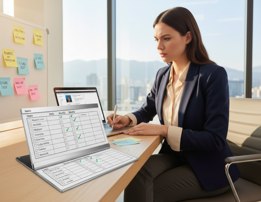 A visually engaging "habits scorecard" designed for a motivated professional audience. The foreground features a sleek, modern scorecard with checkboxes and metrics for tracking daily habits, displayed prominently. In the middle, a focused individual in professional business attire is thoughtfully analyzing the scorecard, surrounded by motivational post-it notes and a laptop. The background reveals a bright, minimalist office setting with large windows allowing natural light to flood the space, creating an uplifting atmosphere. The lighting is soft yet vibrant, emphasizing the clarity of the scorecard and the individual’s expression of determination. The angle captures both the scorecard and the person’s engagement with it, inviting viewers to consider the process of building identity-based habits.