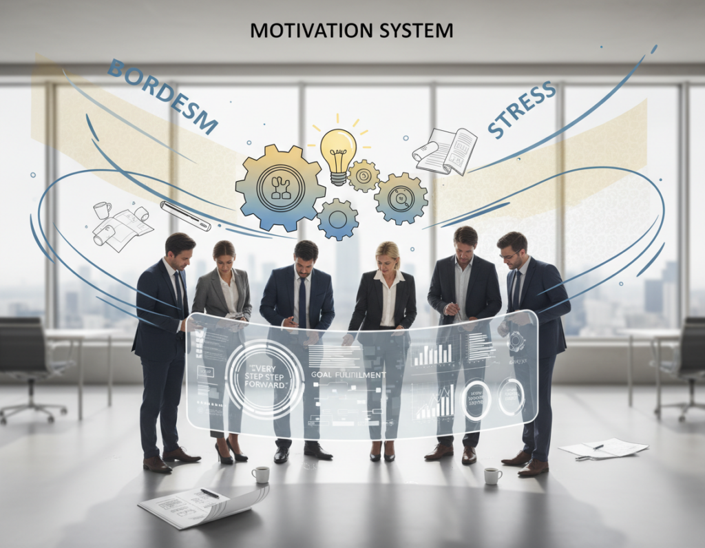 A visually engaging illustration of a "motivation system" at play amid challenges like stress and boredom. In the foreground, a diverse group of individuals in professional business attire collaborates around a large, interactive digital board displaying graphs and motivational quotes. In the middle ground, symbolic elements like gears and light bulbs represent ideas and progress, surrounded by scattered papers and coffee cups, hinting at a dynamic work environment. The background features a serene office space with large windows, letting in soft, natural light that creates an uplifting and hopeful atmosphere. Use a slightly elevated angle to capture the action and collaboration, with a warm, inspiring color palette that conveys focus and determination.