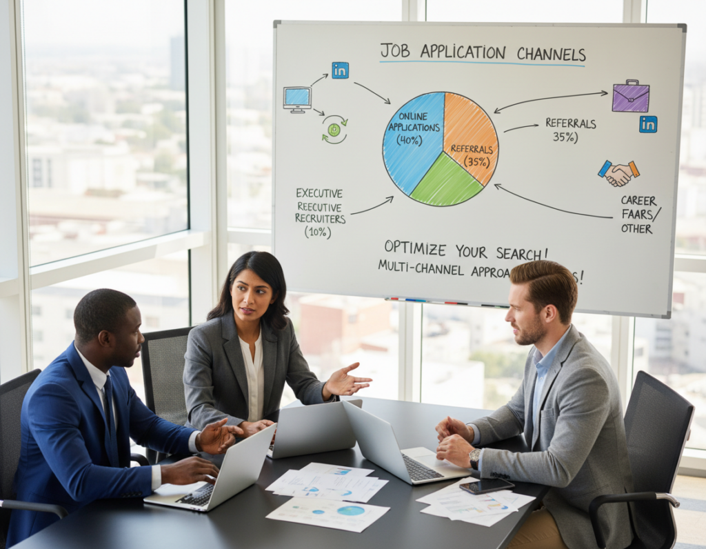 A visually engaging scene depicting a professional meeting illustrating channel strategy in job applications. In the foreground, a diverse group of three professionals dressed in smart business attire are actively discussing strategies around a table with laptops and documents spread out. In the middle ground, a large whiteboard displays colorful graphs and diagrams highlighting online applications, referrals, and executive recruiters. The background features a modern office environment with large windows, allowing natural light to pour in, creating a bright, optimistic atmosphere. The composition is slightly angled from a high viewpoint to capture both the group dynamics and the informative board. The overall mood is collaborative and strategic, emphasizing the importance of different job application channels.